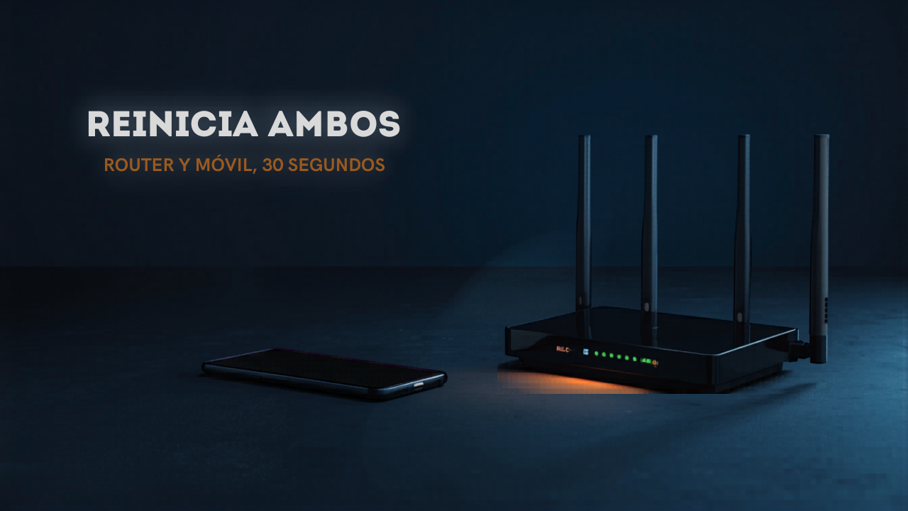 Reiniciar router y móvil para arreglar WiFi | Espinality Network Router WiFi moderno con 4 antenas y teléfono Android sobre superficie oscura, reinicio para solucionar problemas de conexión